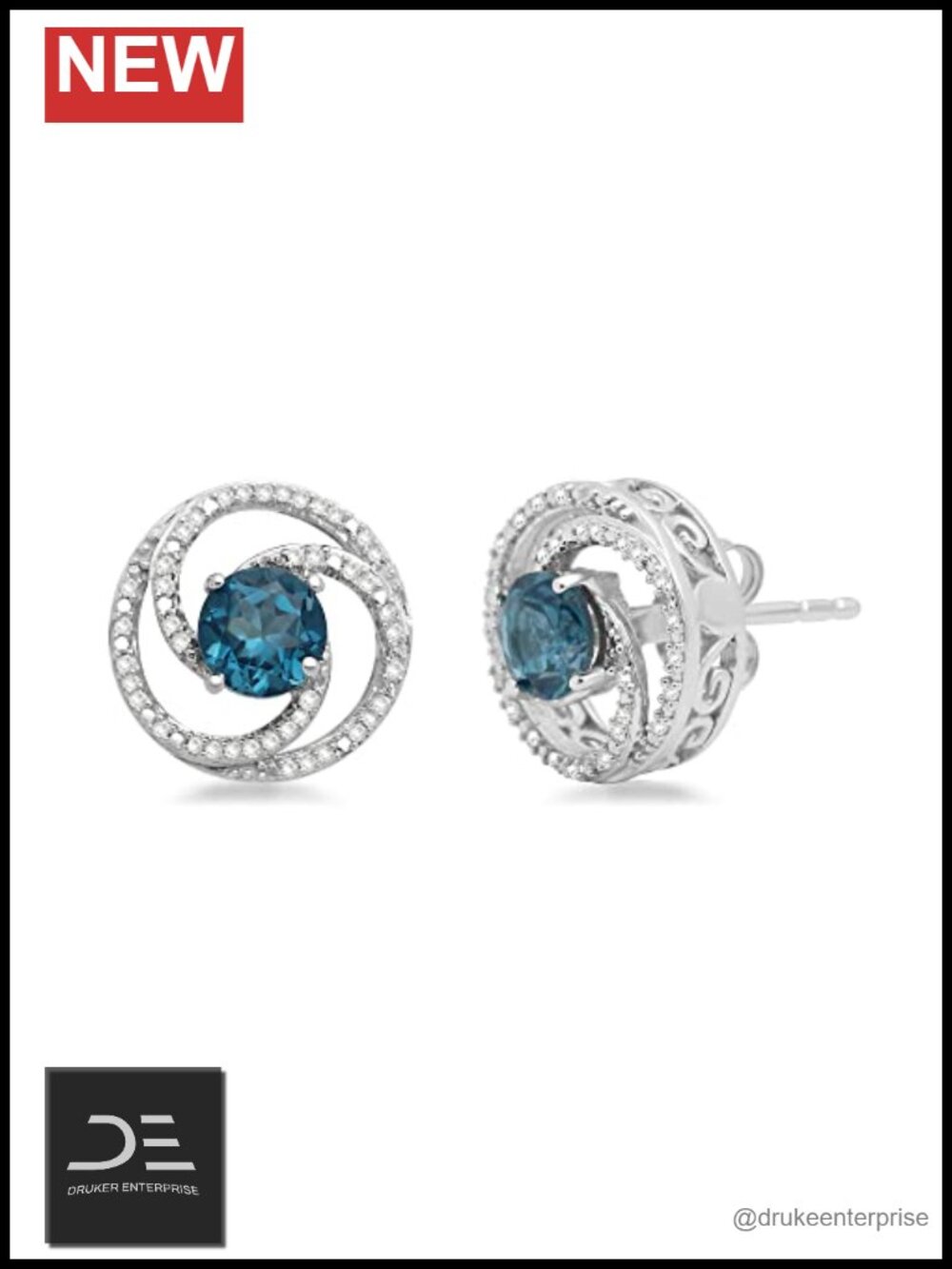 Sterling Silver London Blue Topaz Diamond Swirl Stud Earrings